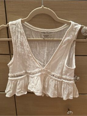 Wanama Cream Boho Cropped Ruffle Tank with Crochet Trim